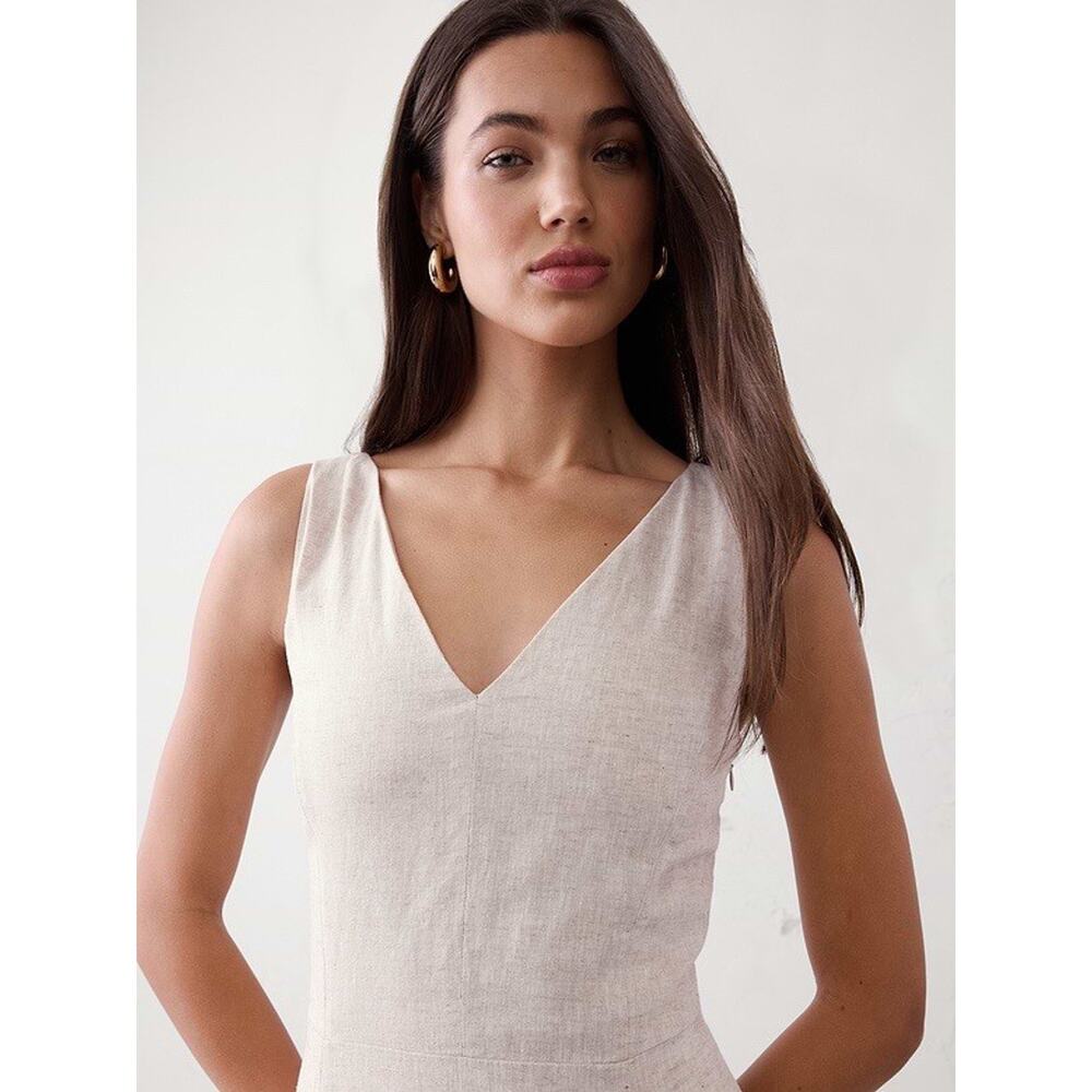 Banana Republic Dress Large Beige Linen Blend Drapey Midi Minimalist Luxury - Picture 4 of 12